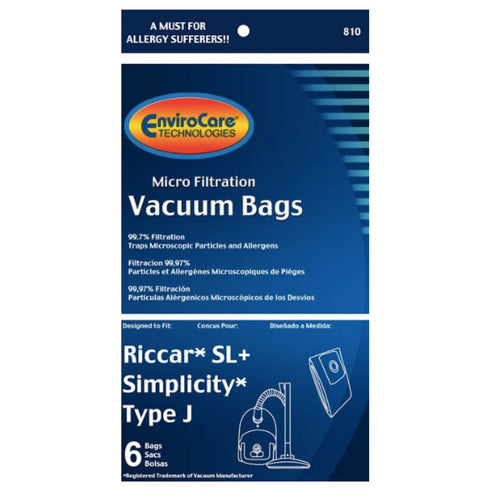 Simplicity Type J and Riccar SL+ Vacuum Bags by EnviroCare Technologies (6 Pack)