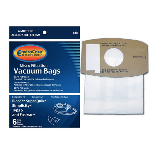 EnviroCare Riccar SupraQuick, Simplicity Type S and Fastvac Paper Vacuum Bags, (6 Pack)
