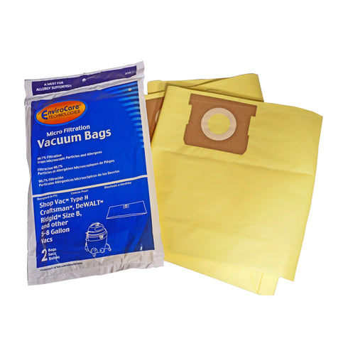 EnviroCare Shop Vac Type H Craftsman, DeWalt, Ridgid Size B 5-8 Gallon Vacuum Bags - 2 Pack #712